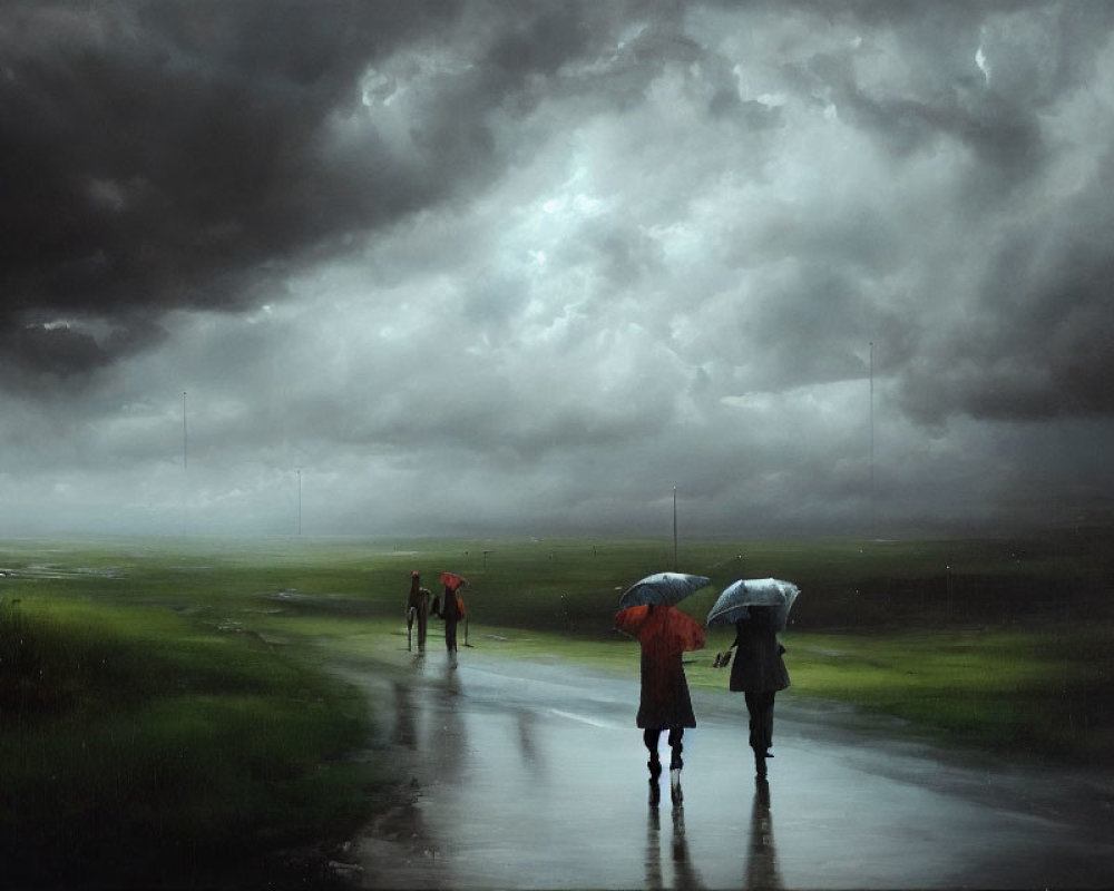 People with umbrellas walking on wet path under stormy sky