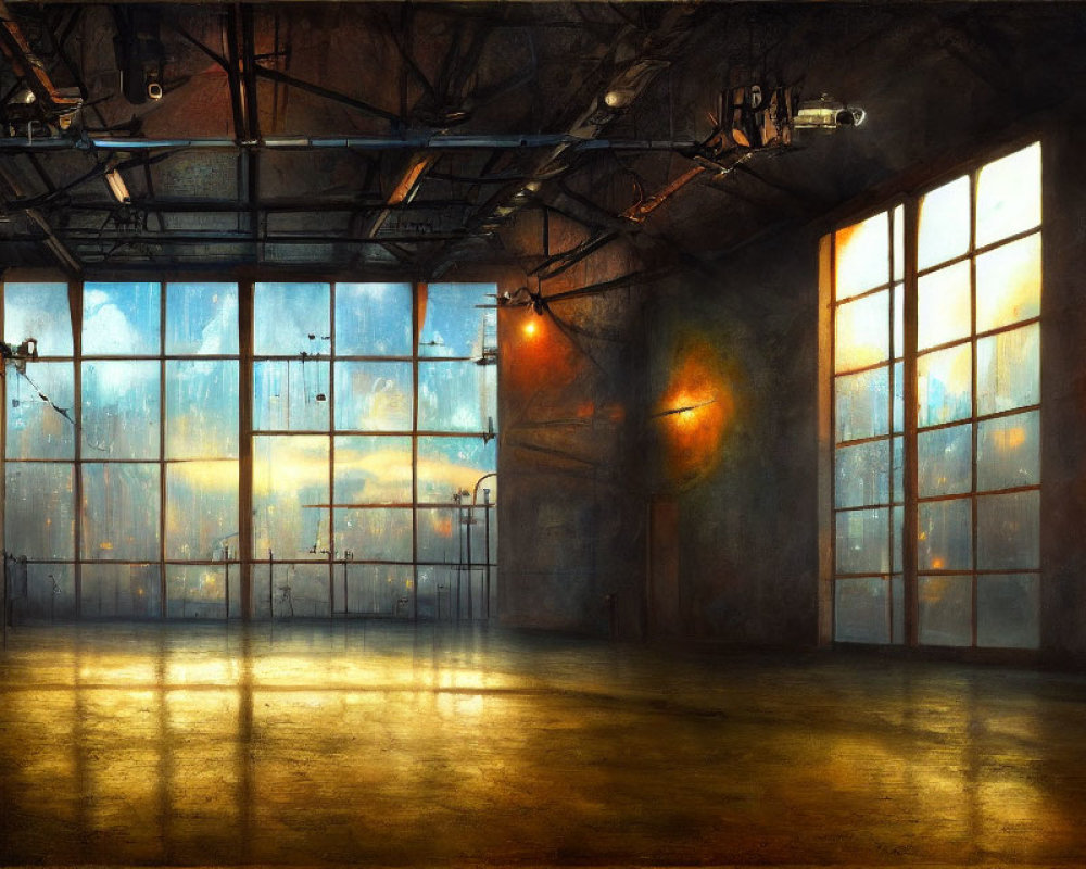Empty industrial loft with large windows and polished concrete floor in sunset light