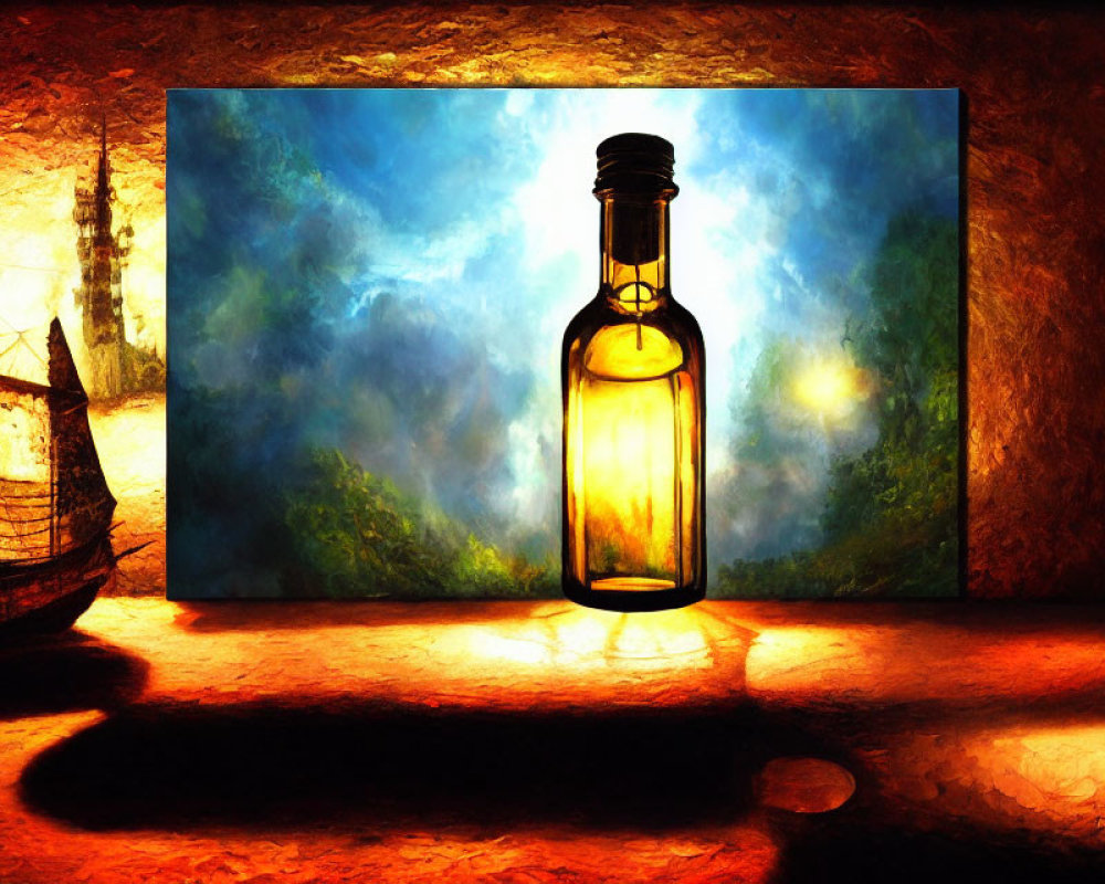 Colorful digital artwork featuring glass bottle, sailing ship, and abstract background.