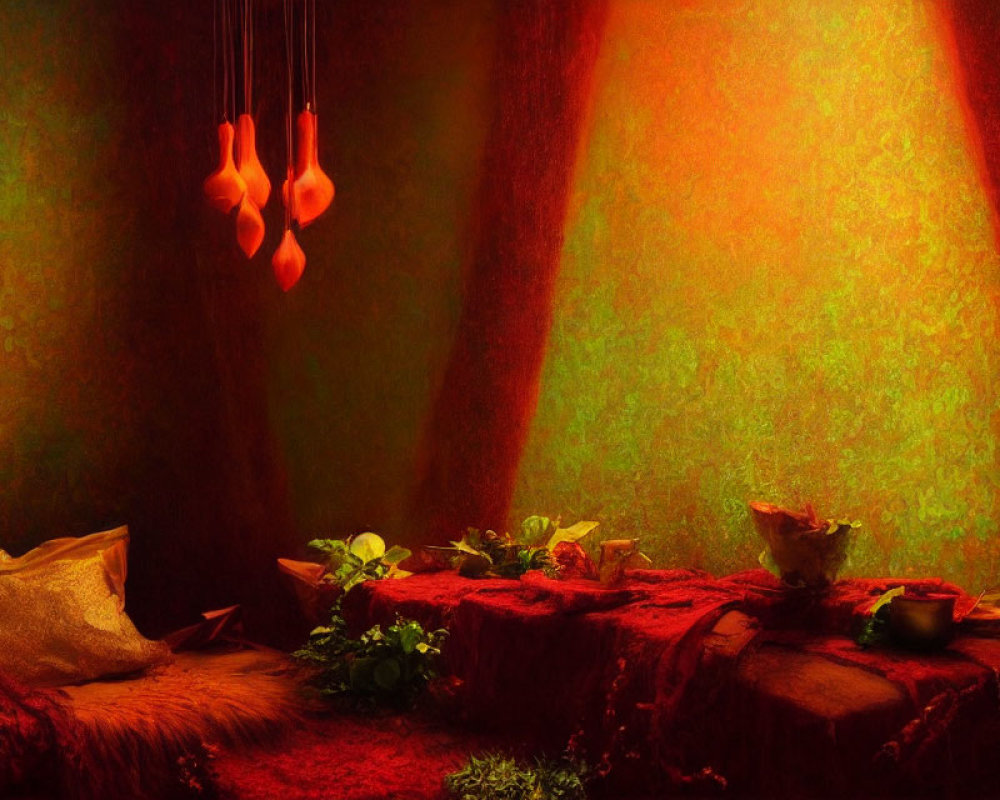 Cozy Rustic Interior with Orange Lights & Mossy Vibe