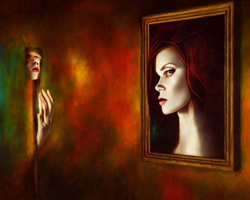 Surreal portrait of woman gazing at framed profile on fiery background