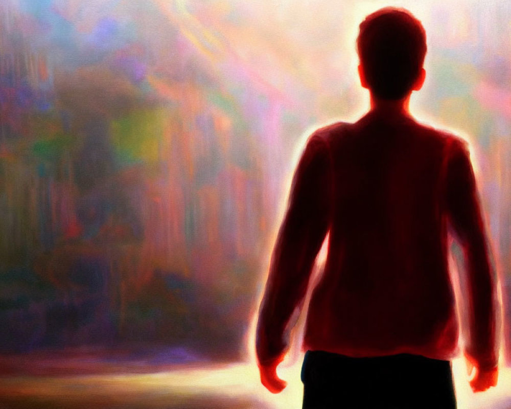 Silhouette of person against vibrant, warm-hued abstract background