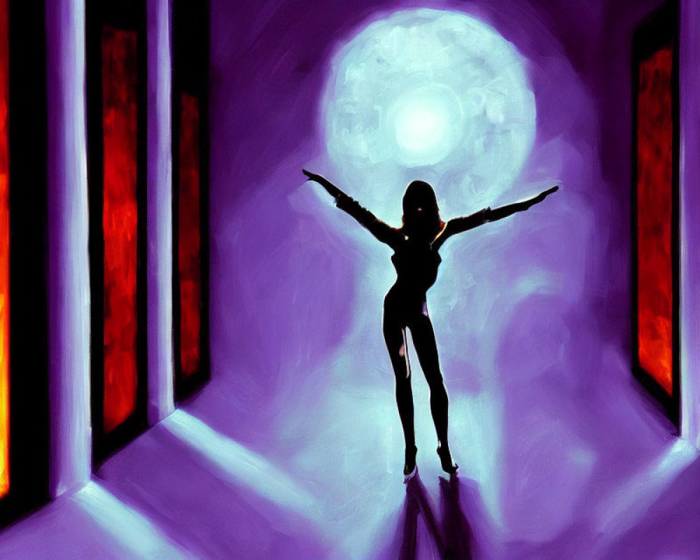 Figure with outstretched arms in glowing corridor with white orb