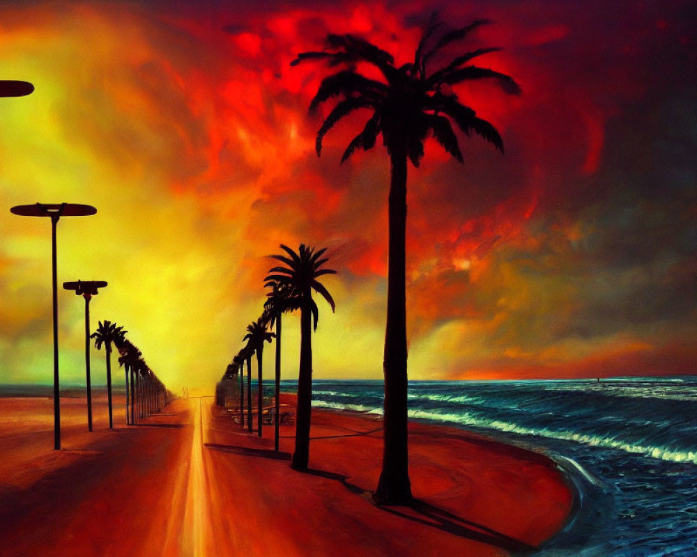 Fiery sunset over beach with palm trees and street lamps