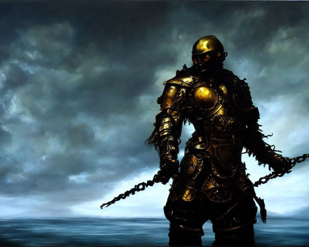 Person in ornate armor on shoreline under stormy sky with chains.