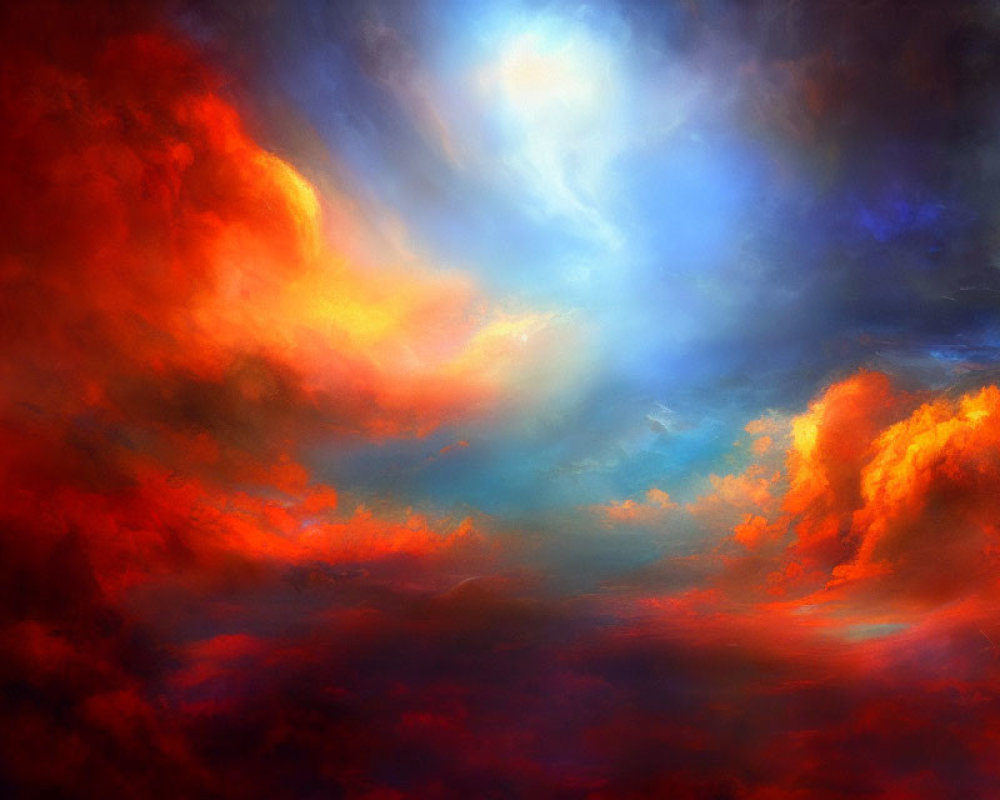Vivid painting of fiery orange clouds in dramatic sky