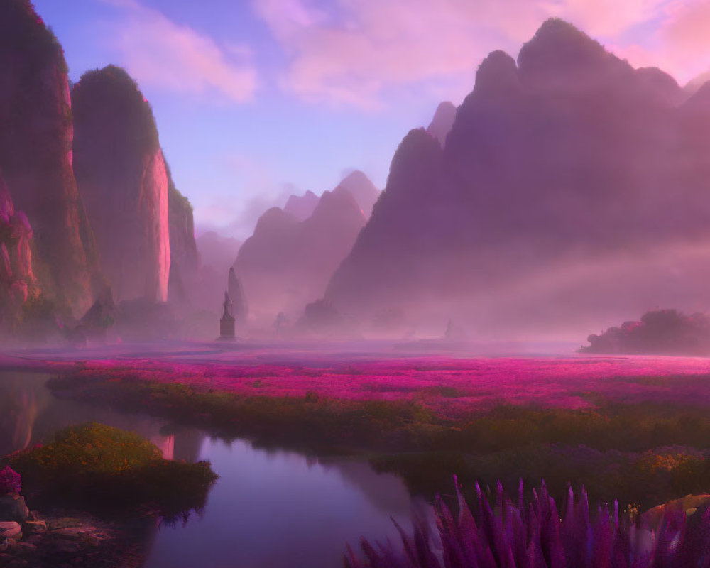 Tranquil dusk landscape with misty waterway, purple flora, and green cliffs