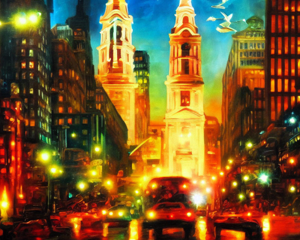 Impressionistic cityscape at night with illuminated buildings and bustling traffic