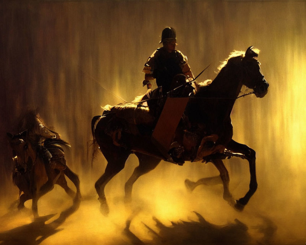 Three Mounted Warriors Silhouetted in Dramatic Charge