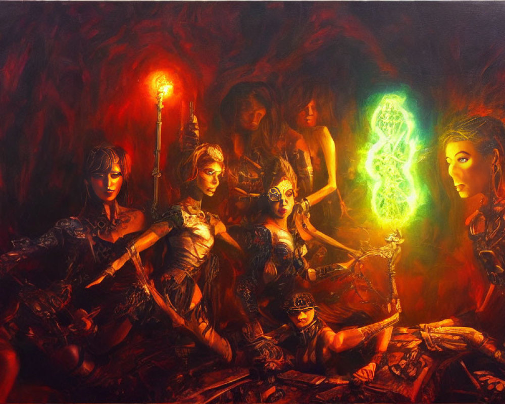 Fantasy scene: Armed warrior women in dark cave with fiery and green light