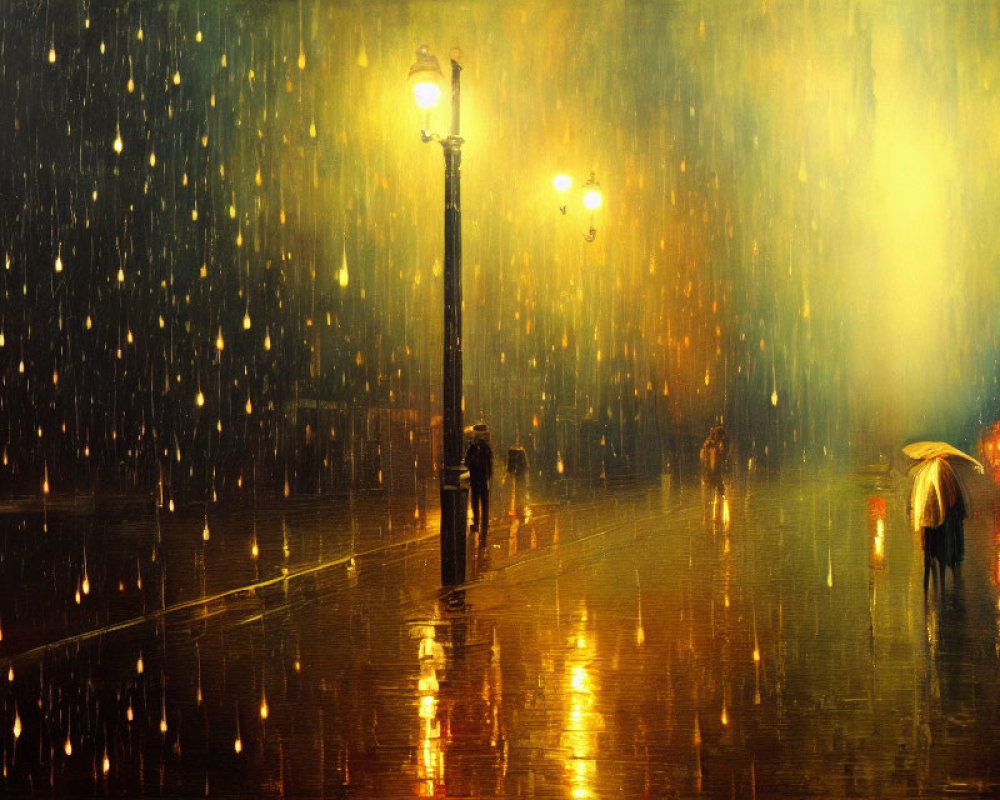Rainy evening painting: Street lamps, umbrellas, and wet reflections