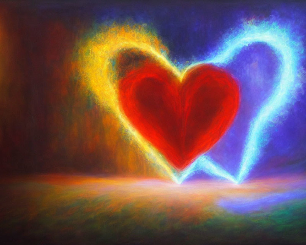 Impressionistic painting of vibrant red heart in blue outline on warm colorful background