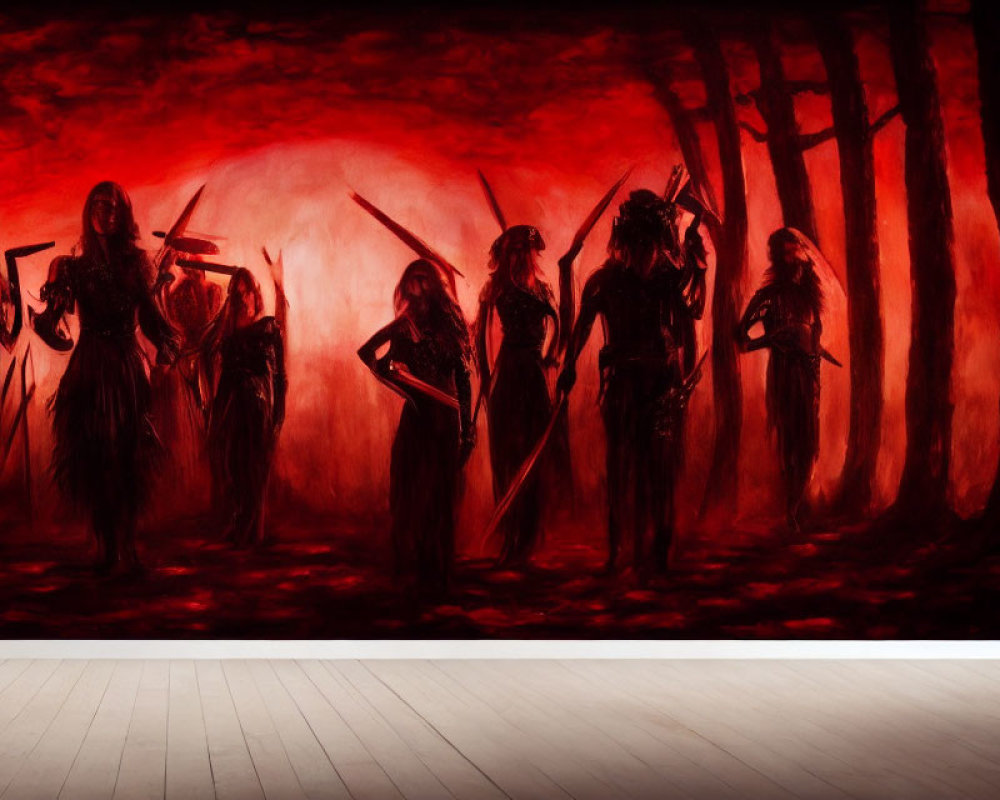 Silhouetted Figures in Red and Black Mystical Forest