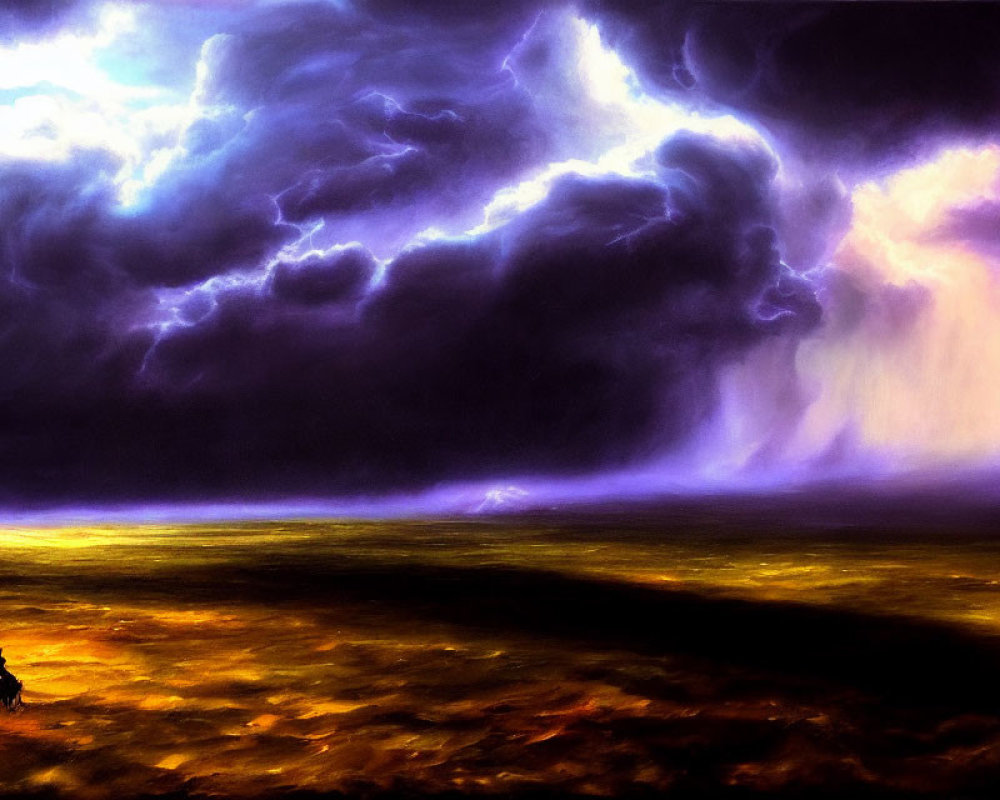 Solitary figure on horseback in stormy landscape with lightning