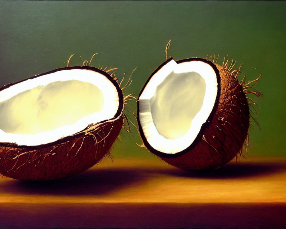 Sliced Open Coconut Painting on Wooden Surface