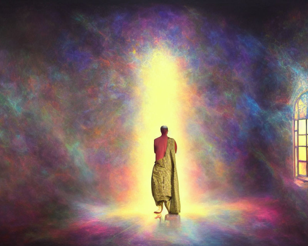 Person in traditional attire in mystical, colorful room with beam of light