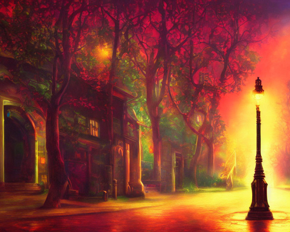 Mystical street digital artwork with glowing trees and dreamlike ambiance