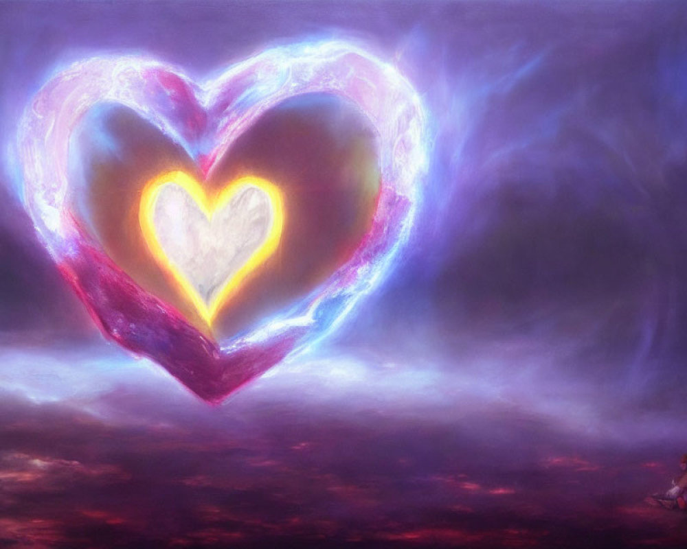 Luminous heart artwork with glowing layers on purple cloudy backdrop