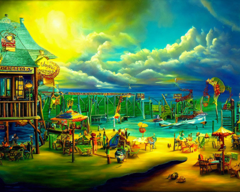 Colorful beach scene with pier, umbrellas, bar, and boats under yellow-green sky.