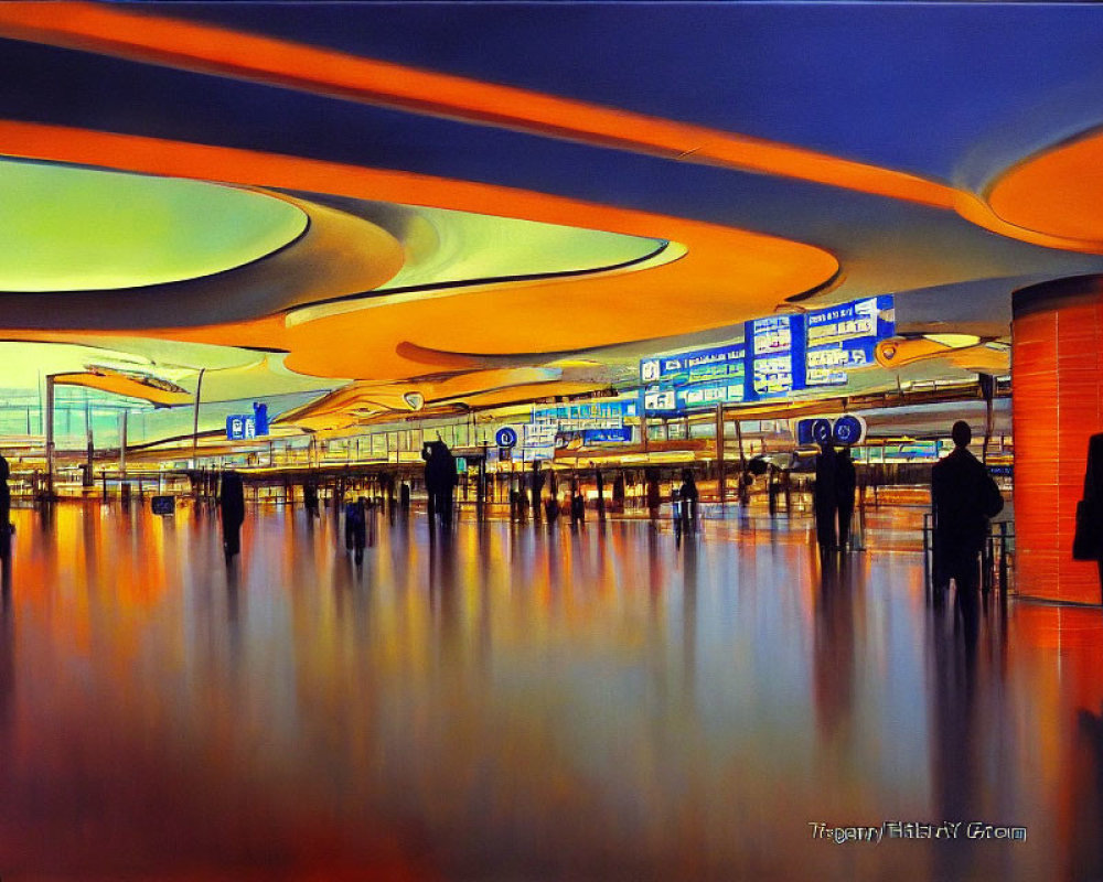 Colorful illuminated airport terminal with reflective floors and passengers in silhouette.