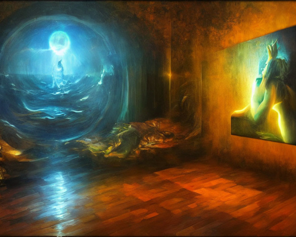 Mystical room with glowing orb, illuminated painting, warm ambiance