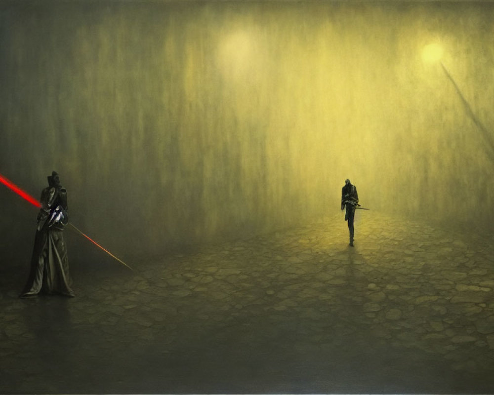 Dim stone-paved area with two figures facing off under moody yellow light and foggy atmosphere