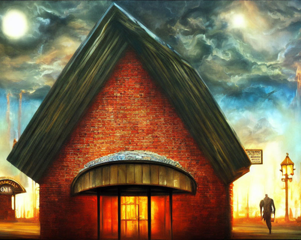 Surreal painting of man walking to glowing windows under dramatic sky