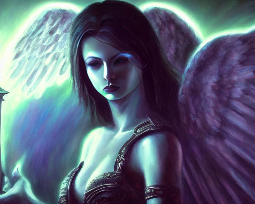 Fantasy digital artwork of dark-haired female character with wings and armor in green-toned setting