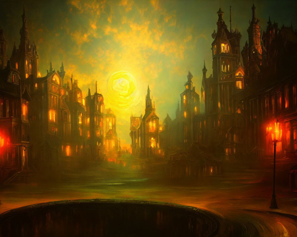 Gothic cityscape at dusk with glowing streetlights and swirling sky