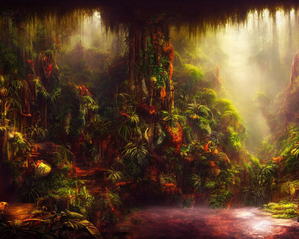 Foggy rainforest with dense foliage, hanging vines, and serene river