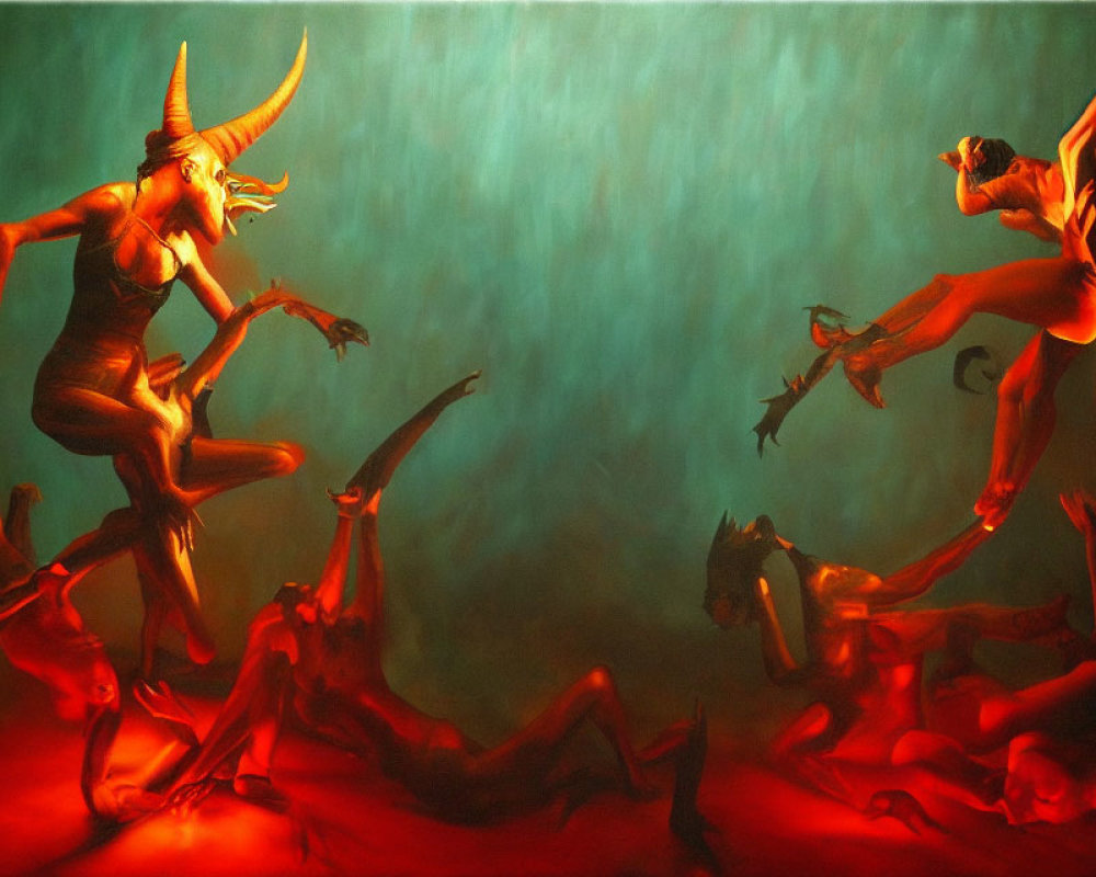 Colorful painting of humanoid figures with horns and tails on dynamic poses against red and green backdrop