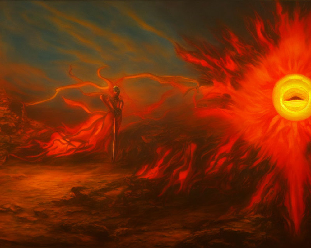 Surreal hellish landscape with fiery explosion and ominous red skies