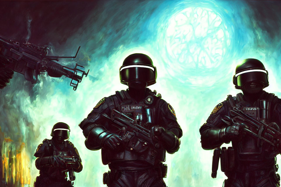 Futuristic soldiers in heavy armor under a glowing moon amidst green smoke