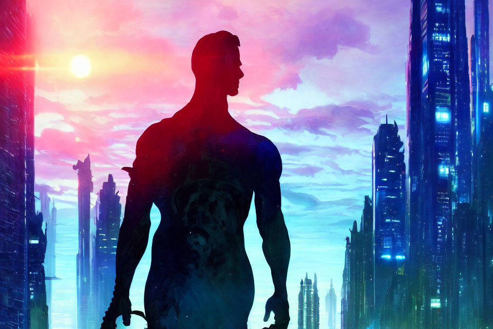 Silhouetted figure in front of futuristic cityscape under pink and blue sky.