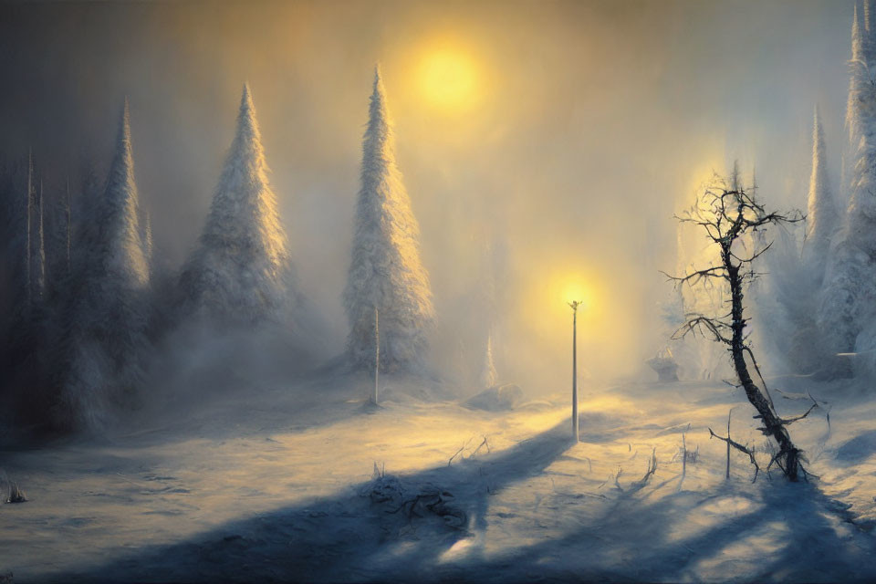 Snow-covered trees and glowing street lamp in misty winter scene