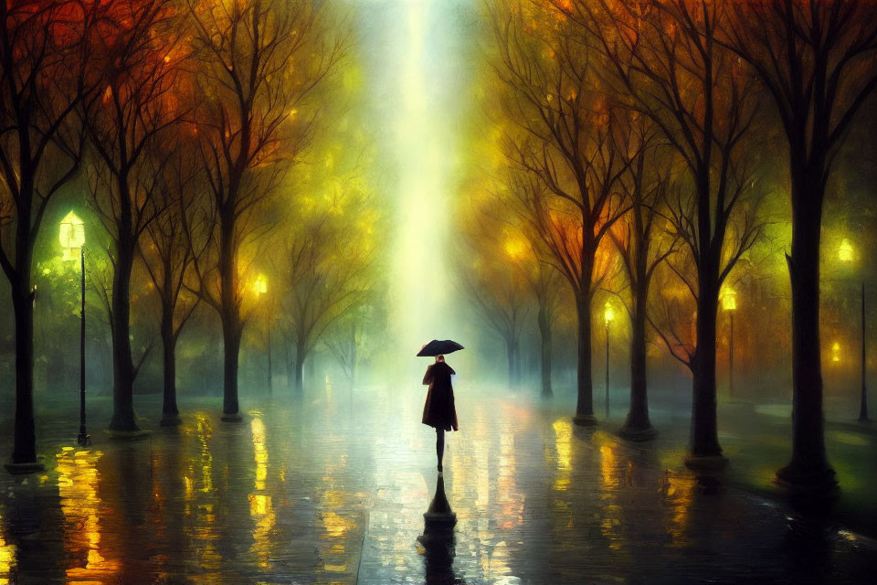 Solitary figure with umbrella in misty park with street lamps