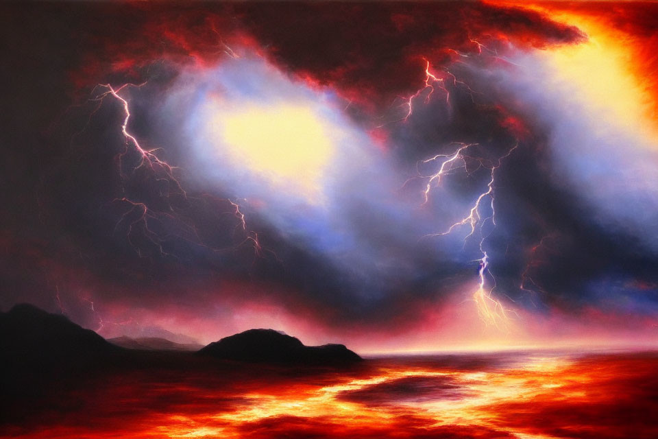 Heart-shaped formation in stormy sky with lightning above fiery landscape