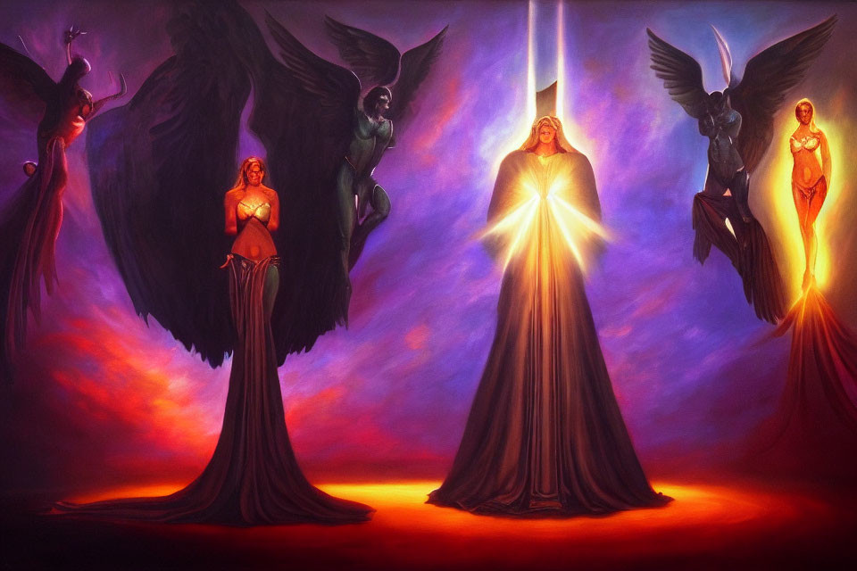 Colorful painting of five angelic figures with wings against fiery background