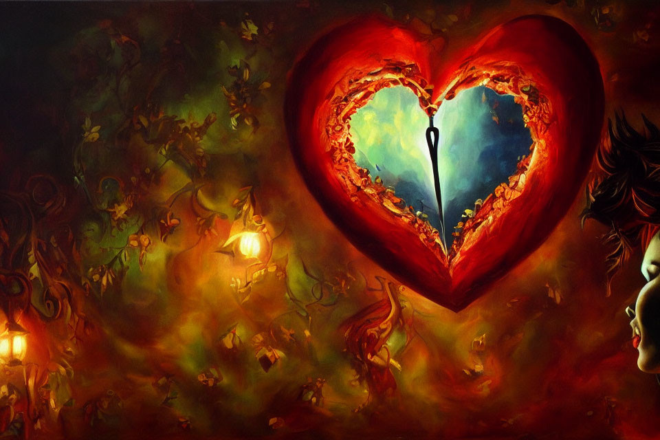Colorful painting of heart-shaped aperture with flames, foliage, and woman's profile.
