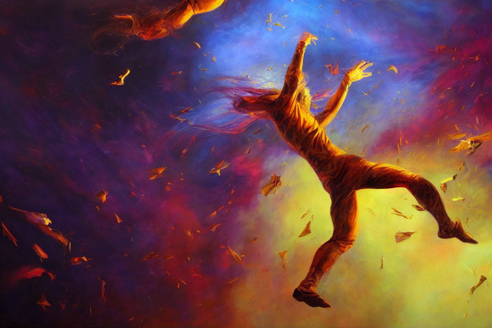 Colorful cosmic painting: Figure leaping in vibrant space