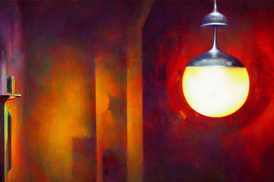 Abstract painting: Glowing light fixture in red and purple palette