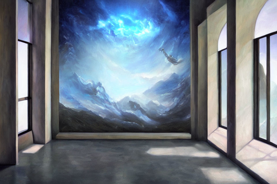 Room with Large Windows Overlooking Astronaut in Surreal Sky
