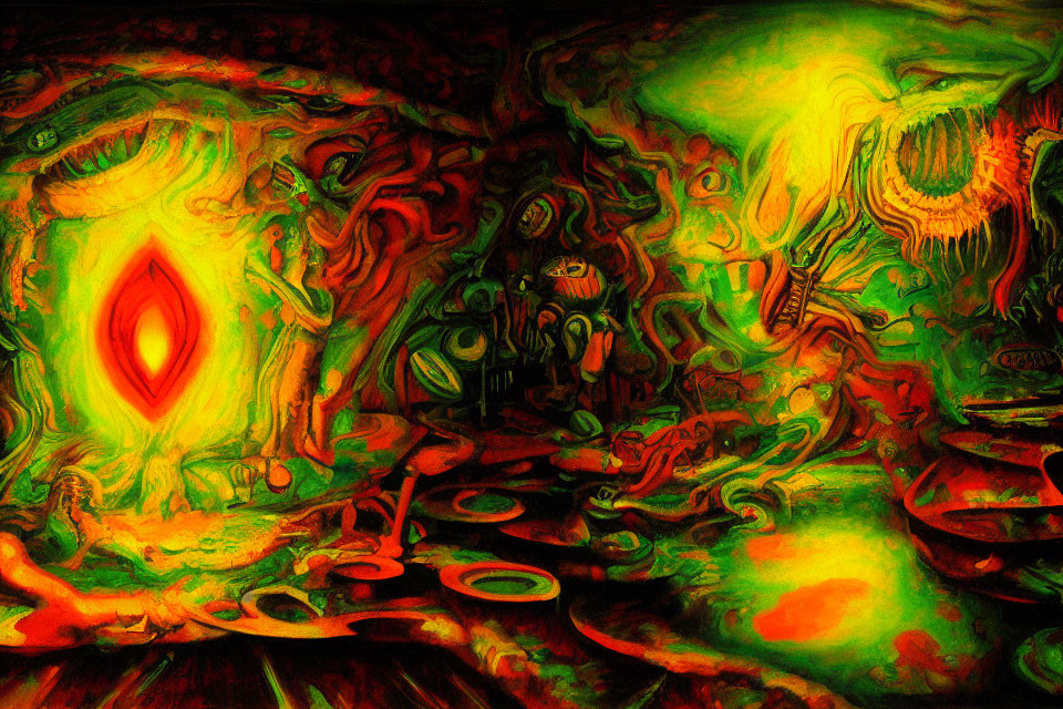 Colorful Abstract Painting with Swirling Patterns in Red, Green, and Yellow