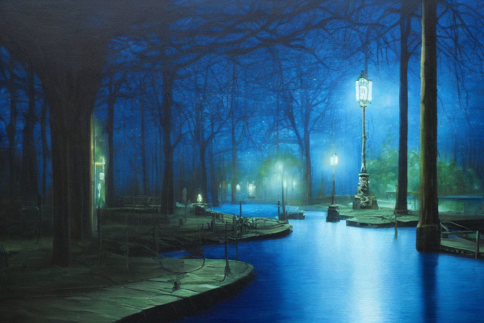 Serene Blue-Toned Park Nighttime Scene with Glowing Street Lamps