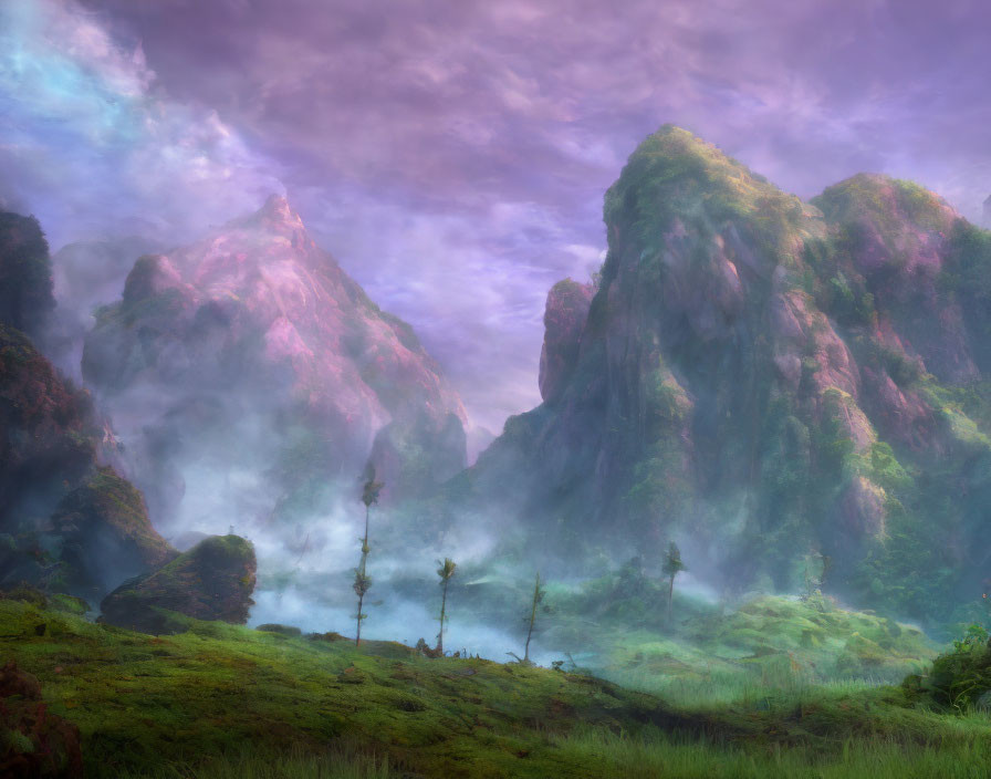 Lush Greenery, Purple Mountains, and Mystical Sky Landscape