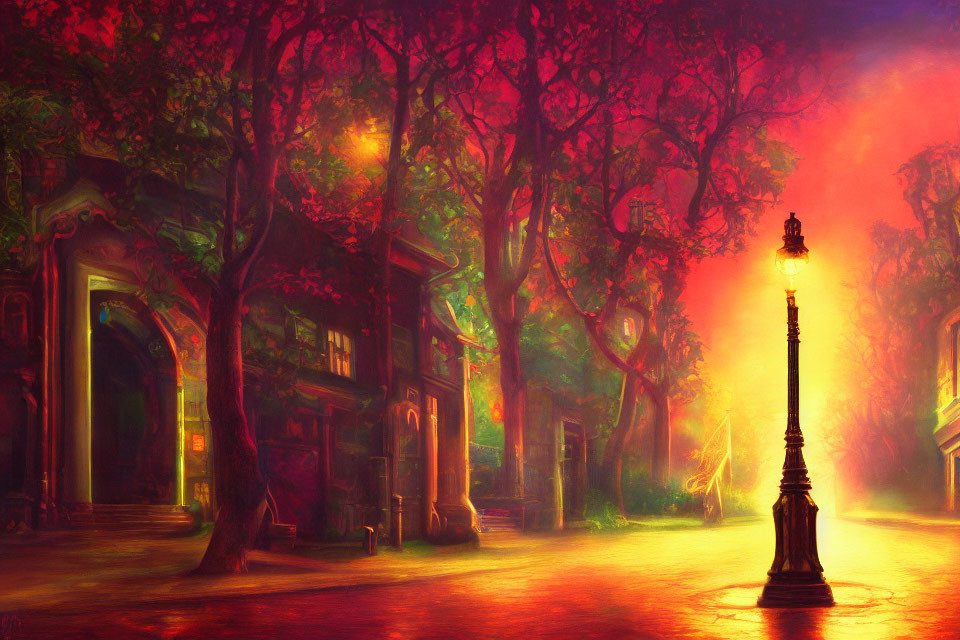 Mystical street digital artwork with glowing trees and dreamlike ambiance