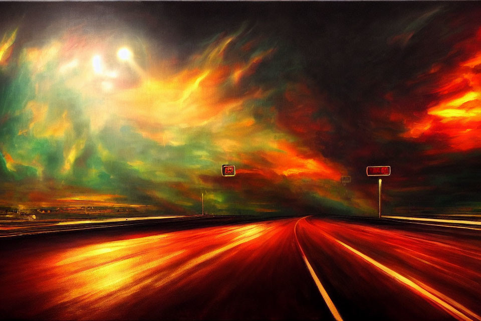 Colorful painting of road under fiery red sunset skies with sun and road signs visible