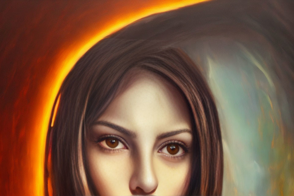 Portrait of woman with amber eyes and fiery halo against cool background