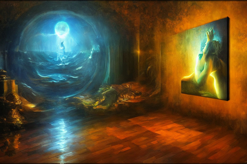 Mystical room with glowing orb, illuminated painting, warm ambiance