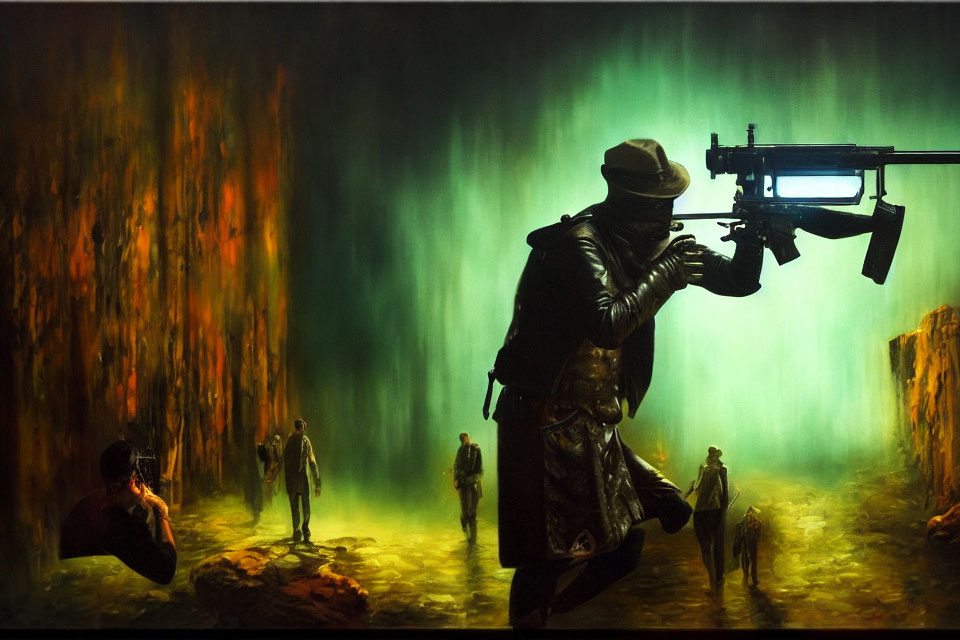 Stylized painting of person in trench coat aiming gun in cavernous setting